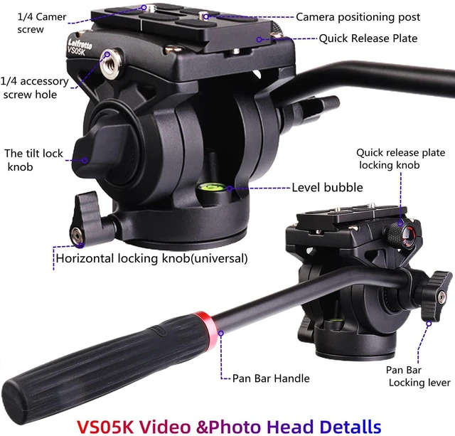 Alt view image 3 of 5 - Leifrotto VS05K Tripod Fluid Head, with 1/4" Arca QR Plate, Max Load 11 lbs for Video Cameras and DSLR Cameras, with 3/8 to 1/4 Inch Screws Tripod Mount
