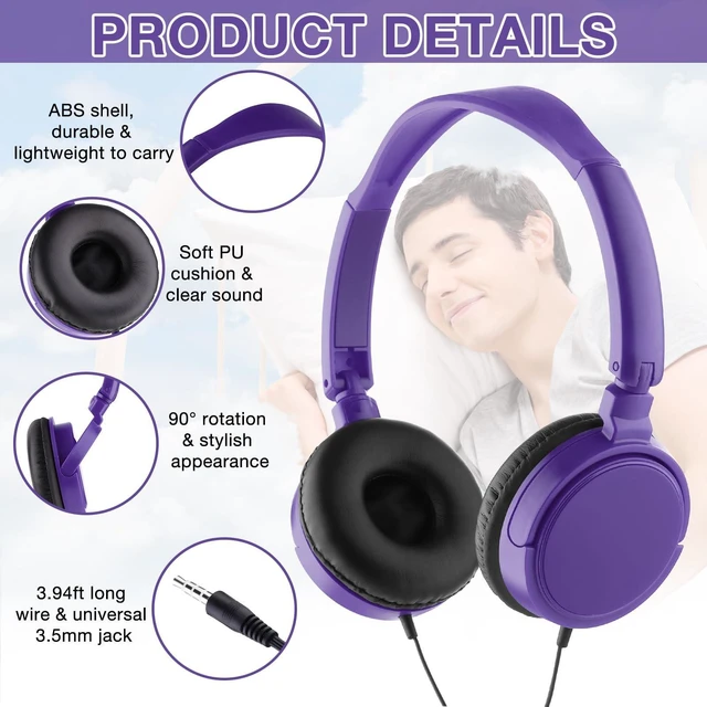 Alt view image 3 of 5 - Yunsailing 18 Pack Classroom Headphones Bulk, Wired Headphones,Purple
