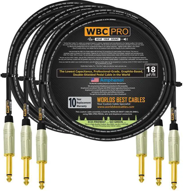Main image of 3 Units - 3 Foot - WBC-PRO-Pedal 22 AWG - Low-Cap (18pF/ft) Pro-Grade Graphite-Based - Dual-Shielded Pedal, Effects, Patch, Instrument Cable & Amphenol ACPM-GN-AU Straight Gold TS Plugs