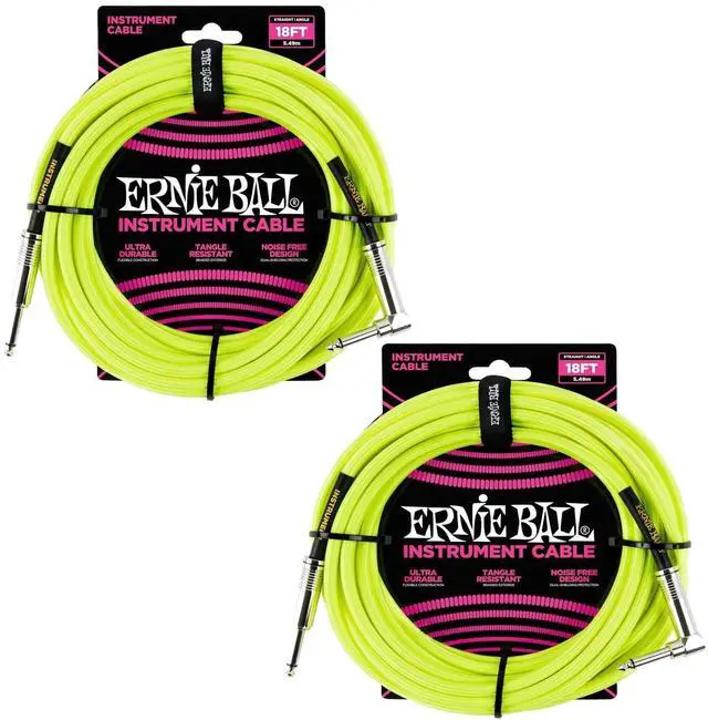 Main image of Ernie Ball Braided Instrument Cable Set Straight/Angle Length 18ft in Neon Yellow (P06085) - Pack of 2