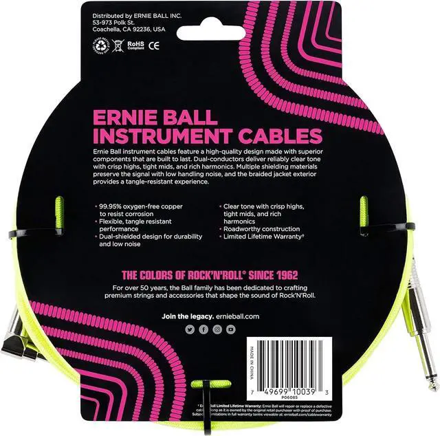 Alt view image 3 of 3 - Ernie Ball Braided Instrument Cable Set Straight/Angle Length 18ft in Neon Yellow (P06085) - Pack of 2