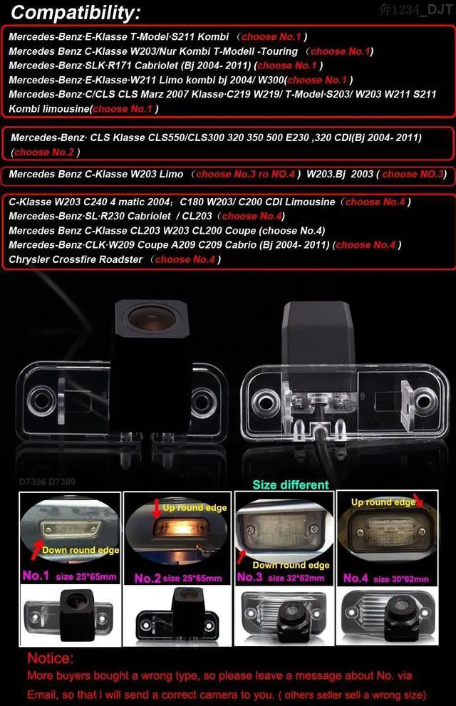 Alt view image 2 of 5 - Car Backup Camera, Waterproof Rear-View License Plate Light Reverse Parking Camera for Mercedes-Benz E-Klasse E320/T-model S211/C-Klasse W203/SLK R171 Cabriolet/W211 Limo/W300/CLS Klasse C219 W219