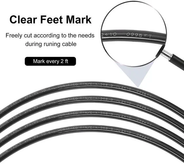 Alt view image 5 of 5 - AvesView CAT6 Outdoor Ethernet Cable 1000ft, 23AWG Copper Clad Aluminum (CCA) Unshielded Twisted Pair (UTP), UV Resistant, 10Gbps Data Transmission, 550MHz Bandwidth, 10Gbps, Bulk Ethernet Cable Black