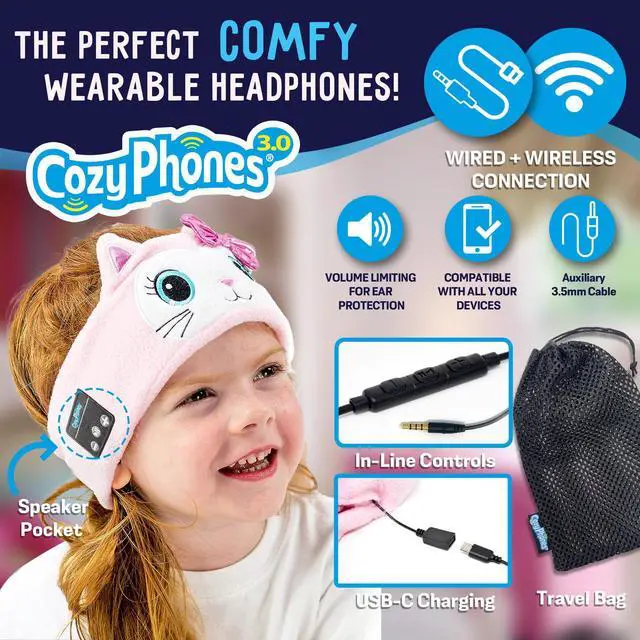 Alt view image 2 of 5 - Toddler Headphones Wireless, Kids Bluetooth Earphones, Safe Volume - Wired School Headphones for Kids with 3.5 MM Jack and Travel Bag - Toddler Airplane Accessories for Boys & Girls - Kitty