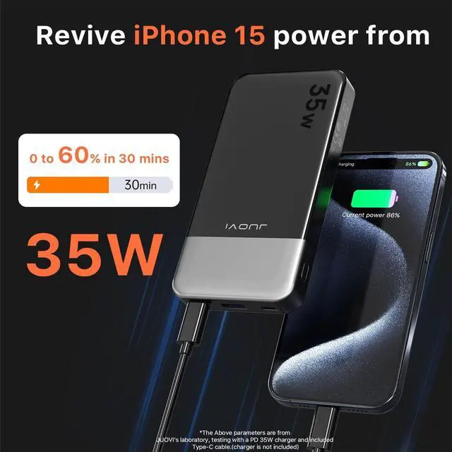 Alt view image 2 of 5 - JUOVI Power Bank 10000mAh, 35W Portable Charger,Fast Charging Portable Battery Pack with PD 3.0 & QC 4.0, USB C Portable Power Bank for iPhone 15 14 13 Series, Galaxy, Tablet, Switch, and MoreBlack