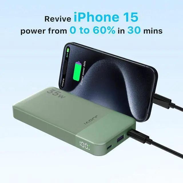 Alt view image 2 of 5 - JUOVI Power Bank 10000mAh, 35W Portable Charger,Fast Charging Portable Battery Pack with PD 3.0 & QC 4.0, USB C Portable Power Bank for iPhone 15 14 13 Series, Galaxy, Tablet, and MoreGreen