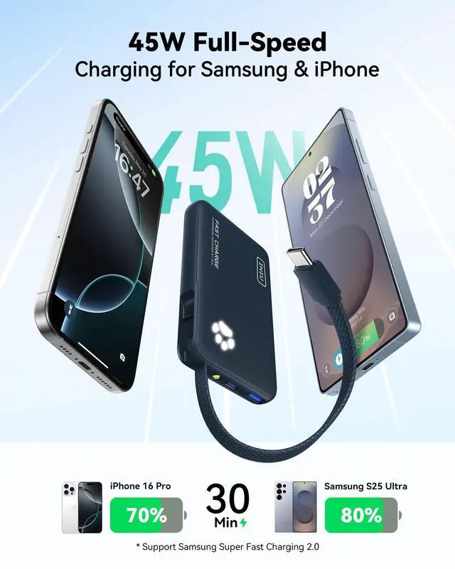 Alt view image 2 of 5 - INIU Portable Charger, Slim 10000mAh Power Bank with Built-in USB-C, 45W Fast Charging Flight Travel Essentials, for College Students Men Women Girl Boy