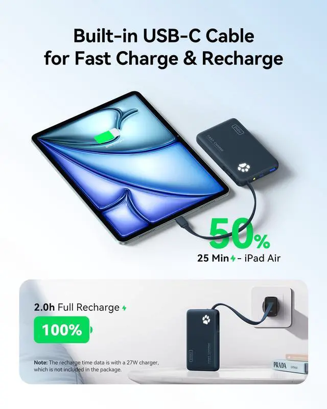 Alt view image 4 of 5 - INIU Portable Charger, Slim 10000mAh Power Bank with Built-in USB-C, 45W Fast Charging Flight Travel Essentials, for College Students Men Women Girl Boy