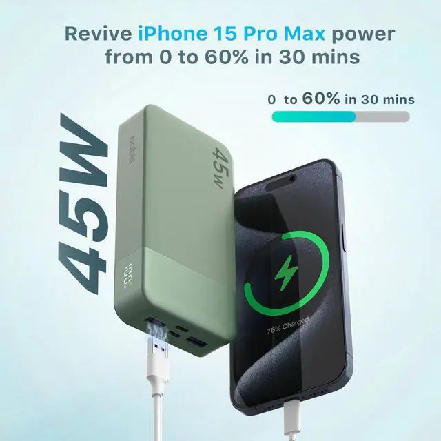 Alt view image 2 of 5 - NOBIS Portable Charger, 20000mAh Power Bank, 45W Power Bank Fast Charging, Battery Pack with C to C Cable, Battery Bank with Digital Display for iPhone Android Laptop etc(Green)