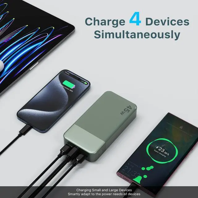Alt view image 4 of 5 - NOBIS Portable Charger, 20000mAh Power Bank, 45W Power Bank Fast Charging, Battery Pack with C to C Cable, Battery Bank with Digital Display for iPhone Android Laptop etc(Green)