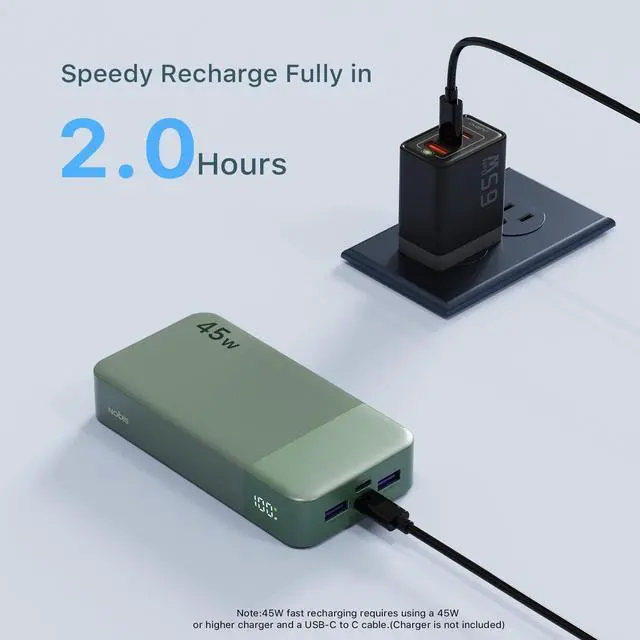 Alt view image 5 of 5 - NOBIS Portable Charger, 20000mAh Power Bank, 45W Power Bank Fast Charging, Battery Pack with C to C Cable, Battery Bank with Digital Display for iPhone Android Laptop etc(Green)