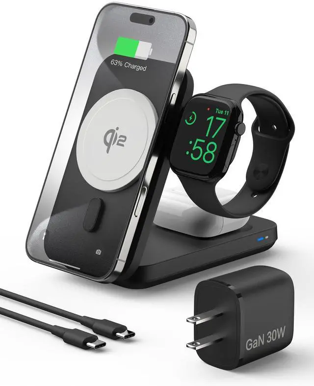 Main image of BRIMFORD 3 in 1 Wireless Charging Station for iPhone 17-12 Series, Foldable 15W Wireless Charger Compatible with iWatch 5-10, AirPods (with 30w Adapter)