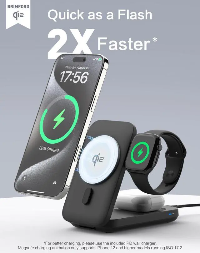 Alt view image 2 of 5 - BRIMFORD 3 in 1 Wireless Charging Station for iPhone 17-12 Series, Foldable 15W Wireless Charger Compatible with iWatch 5-10, AirPods (with 30w Adapter)