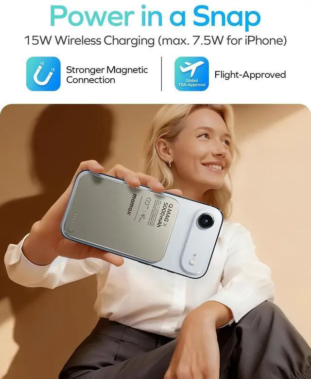 Alt view image 2 of 5 - MOMAX Magnetic Wireless Power Bank 5000mAh, Ultra-Slim 0.3" MagSafe-Compatible Portable Charger, 20W USB-C PD Fast Charging, for iPhone 17/16/15/14/13/12 Series, Samsung Galaxy & Google Pixel