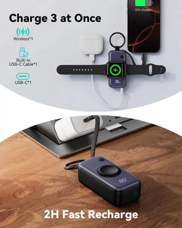 Alt view image 5 of 5 - INIU 3-in-1 Portable Charger, 5000mAh Power Bank with Watch Charger & Built-in Cable, Compact 20W Fast Charging Battery Pack, Key Chain & Travel Essential for iPhone 16 15, Apple Watch, AirPods, etc