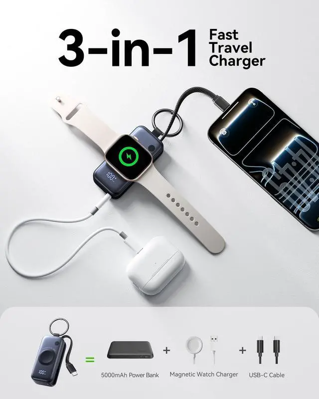 Alt view image 2 of 5 - INIU 3-in-1 Portable Charger, 5000mAh Power Bank with Watch Charger & Built-in Cable, Compact 20W Fast Charging Battery Pack, Key Chain & Travel Essential for iPhone 16 15, Apple Watch, etc