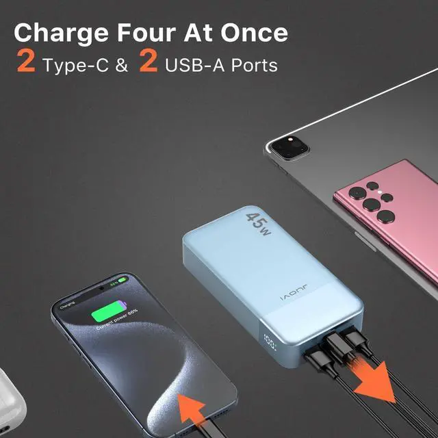 Alt view image 3 of 5 - JUOVI Power Bank, 20000mAh 45W Portable Charger, PD3.0 QC4.0 Fast Charging with LED Display, 2 USB-C, 2 USB-A, Battery Pack for iPhone 15 14 13 Series, MacBook, Galaxy, iPad, and More (Blue)