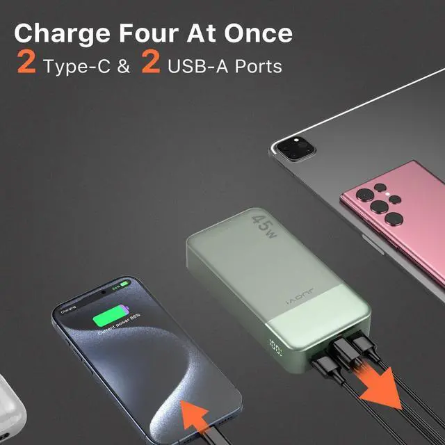 Alt view image 3 of 5 - JUOVI Power Bank, 20000mAh 45W Portable Charger, PD3.0 QC4.0 Fast Charging with LED Display, 2 USB-C, 2 USB-A, Battery Pack for iPhone 15 14 13 Series, MacBook, Galaxy, iPad, and More (Green)