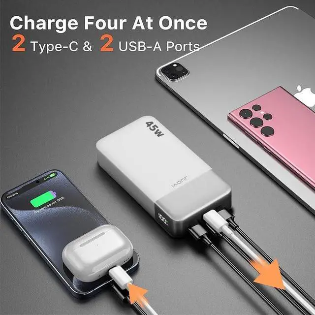 Alt view image 4 of 5 - JUOVI Portable Portable Charger, 45W 20000mAh Power Bank, PD3.0 QC4.0 Fast Charging with LED Display, 2 USB-C, 2 USB-A, Battery Pack for iPhone 15 14 13 Series, MacBook, Galaxy, iPad, and More (White)