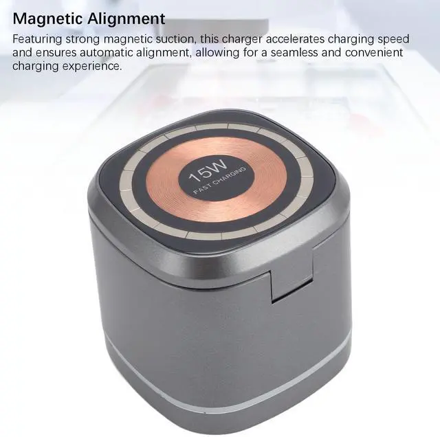 Alt view image 5 of 5 - Wireless Charger, 3 in 1 Fast Charging Station with 15W Output, Strong Magnetic Alignment, Hidden Earbud Pad for Smartphone Smartwatch Earphones