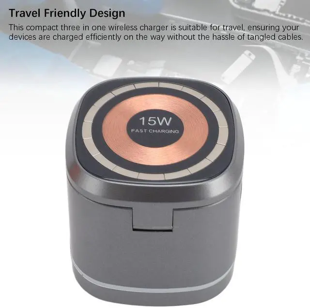 Alt view image 4 of 5 - Wireless Charger, 3 in 1 Fast Charging Station with 15W Output, Strong Magnetic Alignment, Hidden Earbud Pad for Smartphone Smartwatch Earphones