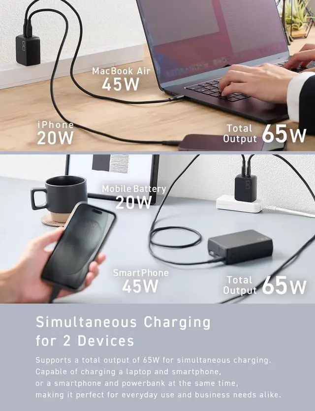 Alt view image 4 of 4 - CIO 65W Dual USB-C Charger Block, Compact 65W GaN USB-C Wall Charger for Laptop/Phone/Tablet, 2-Port Fast Charging Adapter, 67W Max Output, Charging Block, NovaPort Duo II 67W2C (Black)