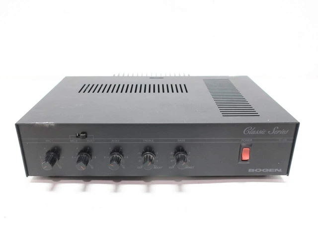 Main image of Bogen C100 Public Address Mixer Amplifier, 100 Watts, 4 Input Mixer Amp, 70V/25V 16 Ohm Speaker Outputs, Treble and Bass Controls, Thermal Protection and Electronic Shutdown, Rack Mountable