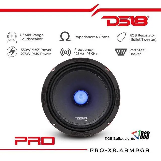 Alt view image 2 of 5 - DS18 PRO-X8.4BMRGB Loudspeaker with RGB Light Bullet - 8", Midrange, 550W Max, 275W RMS, 4 Ohms - Premium Quality Audio Door Speakers for Car or Truck Stereo Sound System (1 Speaker), Black