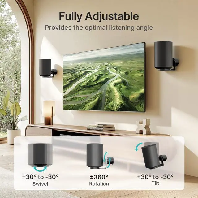 Alt view image 5 of 5 - PEGZONE Adjustable Speaker Wall Mount for Sonos Era 100 and Era 300, Flexible Angle Adjustment, Surround Sound Speaker Wall Bracket Compatible with Sonos Era Speakers,1 Pair,Black
