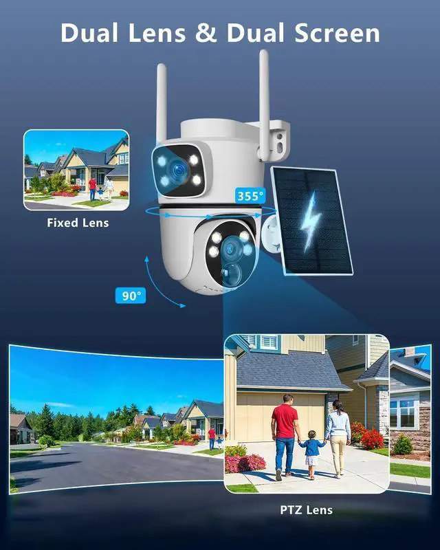 Alt view image 3 of 5 - (2026 New) Solar Security Camera Outdoor 2 Pack, 4MP Dual-Lens (Fixed + PTZ), 130 Wide View, AI Human Detection, 2.4/5.8GHz Dual-Band WiFi, Solar Powered, Free App No Monthly Fee, Color Night Vision