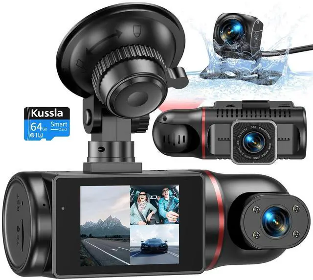 Main image of Kussla Dash Cam Front and Rear Inside, 1080P 3 Channel Dash Camera for Cars with 64GB Card, Super Night Vision Dashcam, Car Camera with Loop Recording, G-Sensor, WDR, 24H Parking Monitor