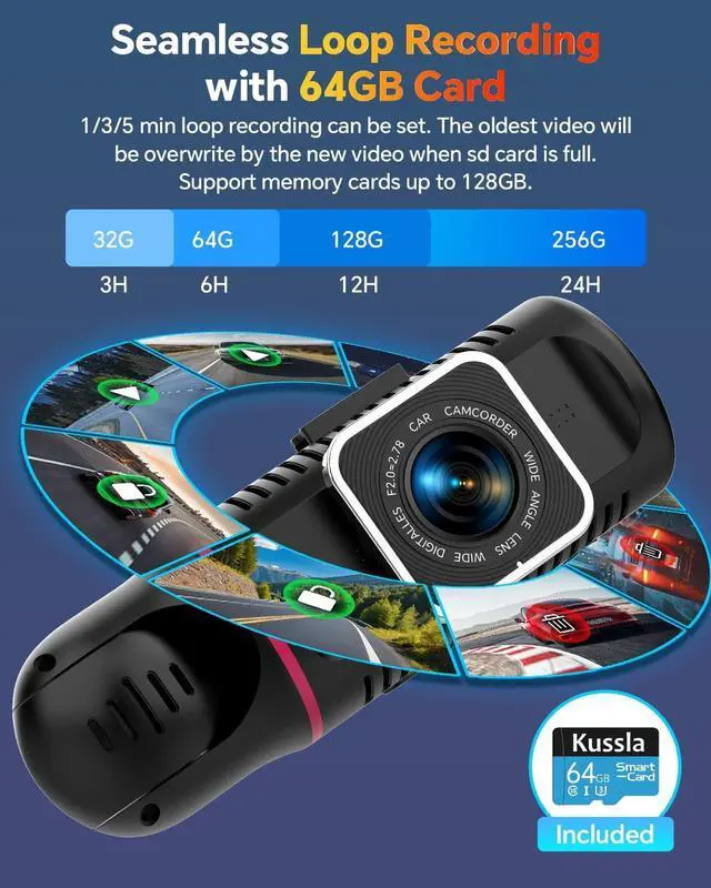 Alt view image 5 of 5 - Kussla Dash Cam Front and Rear Inside, 1080P 3 Channel Dash Camera for Cars with 64GB Card, Super Night Vision Dashcam, Car Camera with Loop Recording, G-Sensor, WDR, 24H Parking Monitor