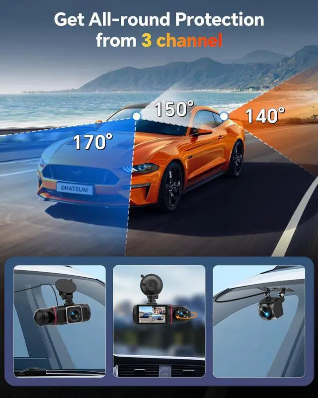 Alt view image 3 of 5 - Kussla Dash Cam Front and Rear Inside, 1080P 3 Channel Dash Camera for Cars with 64GB Card, Super Night Vision Dashcam, Car Camera with Loop Recording, G-Sensor, WDR, 24H Parking Monitor