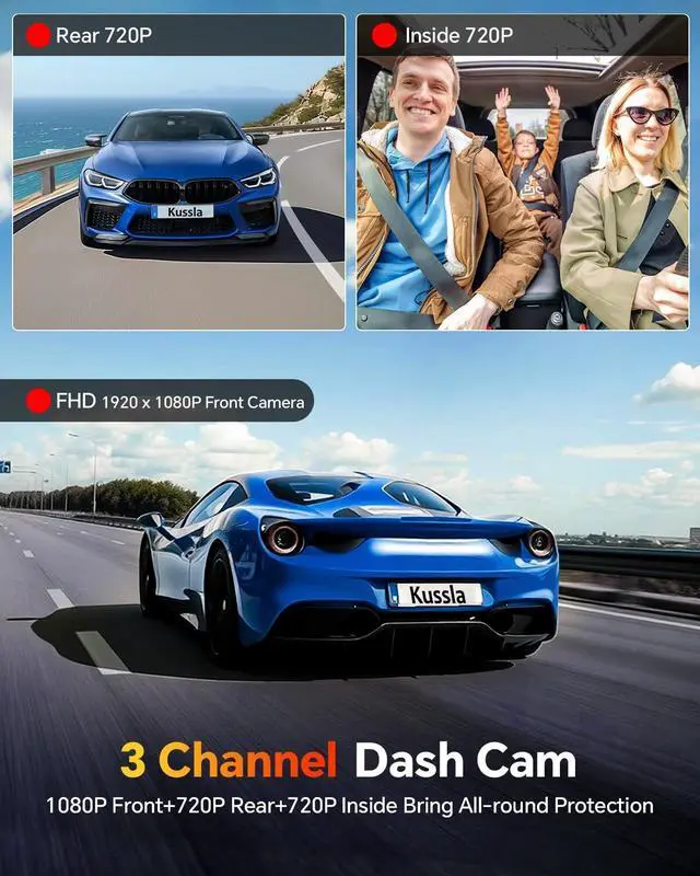 Alt view image 2 of 5 - Kussla Dash Cam Front and Rear Inside, 1080P 3 Channel Dash Camera for Cars with 64GB Card, Super Night Vision Dashcam, Car Camera with Loop Recording, G-Sensor, WDR, 24H Parking Monitor