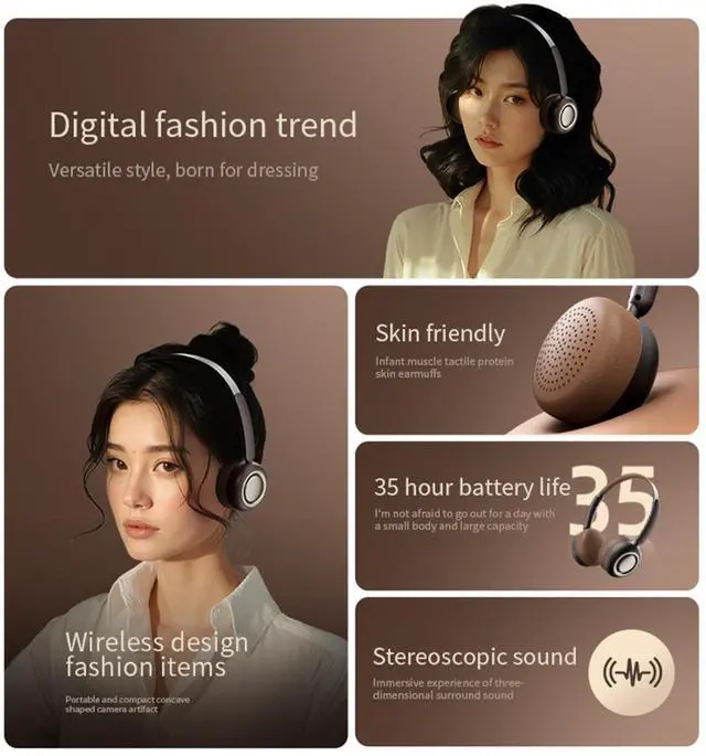 Alt view image 3 of 5 - auvstar Wireless Over-Ear Headphones with Active Noise Cancelling, 35-Hour Battery, Bluetooth 5.2, Hi-Fi Stereo, Foldable Design, Comfortable Earmuffs - Brown
