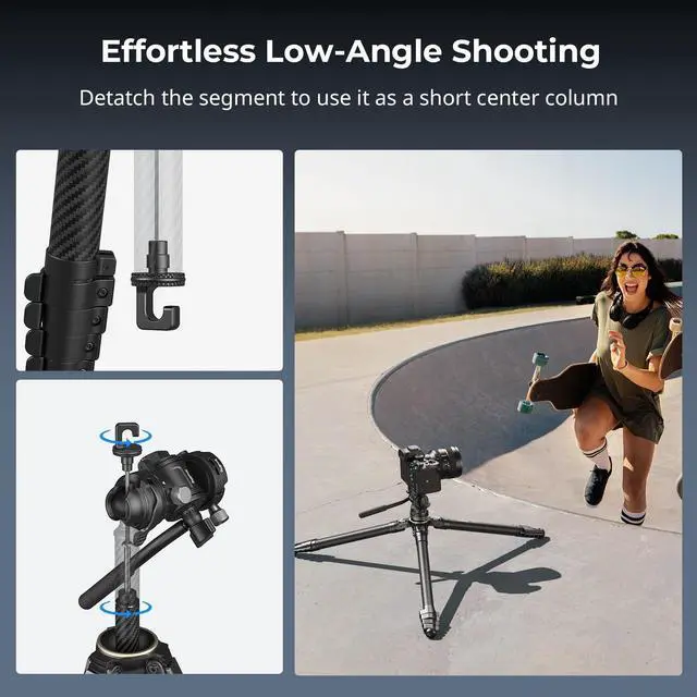 Alt view image 4 of 5 - SmallRig Portable Carbon Fiber Travel Tripod Kit, 61.8'' Video Camera Tripod Monopod Video Head, Built-in QR Plate for Arca, Switchable Centre Column, Max Load 3kg / 6.6lb for Cameras, DSLR