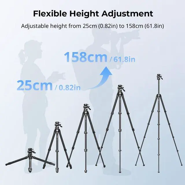 Alt view image 3 of 5 - SmallRig Portable Carbon Fiber Travel Tripod Kit, 61.8'' Video Camera Tripod Monopod Video Head, Built-in QR Plate for Arca, Switchable Centre Column, Max Load 3kg / 6.6lb for Cameras, DSLR