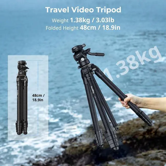 Alt view image 2 of 5 - SmallRig Portable Carbon Fiber Travel Tripod Kit, 61.8'' Video Camera Tripod Monopod Video Head, Built-in QR Plate for Arca, Switchable Centre Column, Max Load 3kg / 6.6lb for Cameras, DSLR