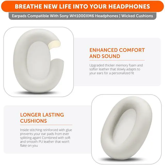 Alt view image 4 of 5 - WC PadZ XM6 Premium Replacement Earpads Compatible with Sony WH-1000XM6 Headphones by Wicked Cushions ^^ Enhanced Comfort, Durable PU Leather & Sound Isolation ^^ Platinum Silver