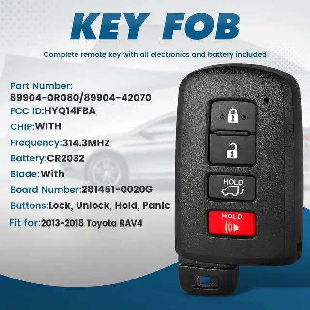 Alt view image 2 of 5 - Keyecu Replacement Smart Remote Car Key Fob for Toyota RAV4 2013-2018 HYQ14FBA 281451-0020G 89904-0R080 89904-42070 314.3MHz 4Buttons