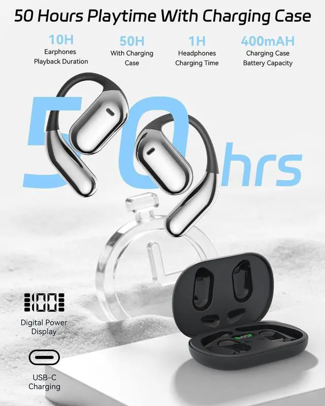 Alt view image 3 of 4 - SANOTO Open Ear Earbuds, Bluetooth Headphones with Smart Digital Display, Open Ear Headphones with Ear Hooks, 50H Playtime, Touch Control, ENC Mic, Wireless Earbuds for Workout Travel Working