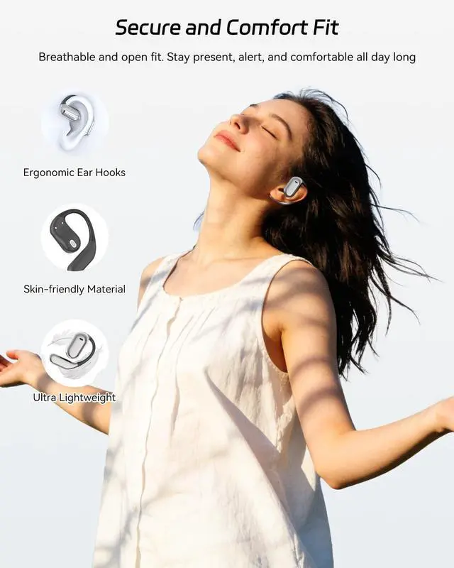 Alt view image 2 of 4 - SANOTO Open Ear Earbuds, Bluetooth Headphones with Smart Digital Display, Open Ear Headphones with Ear Hooks, 50H Playtime, Touch Control, ENC Mic, Wireless Earbuds for Workout Travel Working