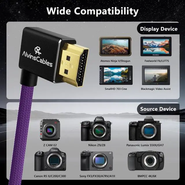 Alt view image 2 of 5 - Alvin's Cables 8K HDMI 2.1 Cable 48Gbps 8K@60Hz 4K@120Hz High-Speed Braided Coiled Cable for Sony FS5 FS7 FX9,BMPCC,for Canon C300 C500,for Atomos Ninja,for Feelworld,Right to Up Angle Purple