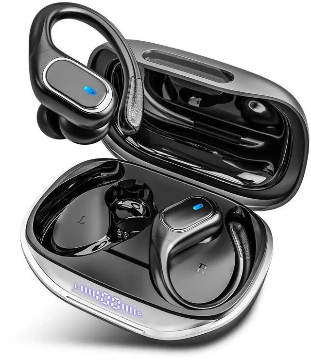 Main image of HAOYUYAN Wireless Earbuds Bluetooth 5.3 Headphones with 80H Playback, IPX7 Waterproof Over Ear Buds with LED Power Display for Sports Running Workouts Gray Black