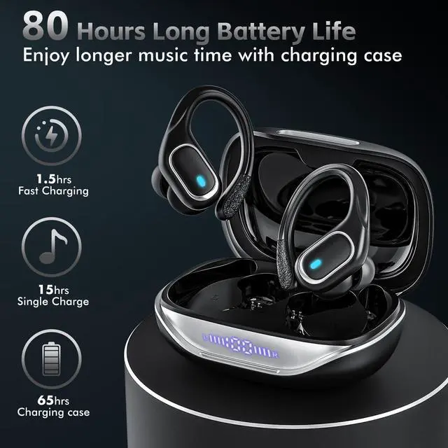 Alt view image 2 of 5 - HAOYUYAN Wireless Earbuds Bluetooth 5.3 Headphones with 80H Playback, IPX7 Waterproof Over Ear Buds with LED Power Display for Sports Running Workouts Gray Black