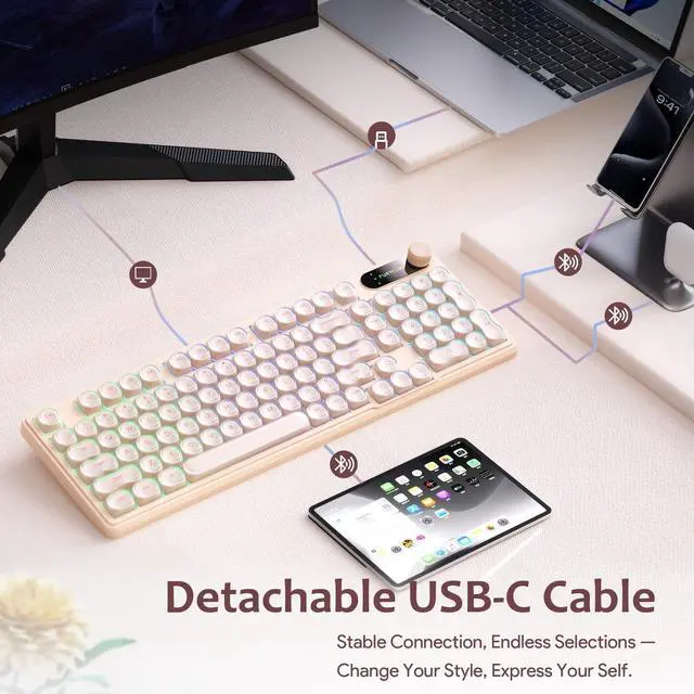 Alt view image 3 of 5 - FURYCUBE IP98 Foundation Wired Keyboard, 98 Keys with Number Pad, RGB Backlit Silent Keyboard with LED Display & Volume Knob, Creamy Mechanical Feel for Office PC Laptop Gamer