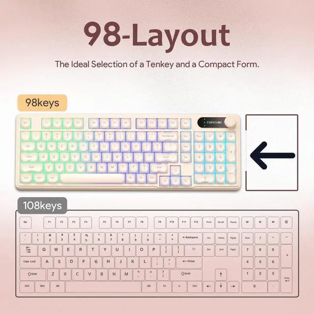Alt view image 4 of 5 - FURYCUBE IP98 Foundation Wired Keyboard, 98 Keys with Number Pad, RGB Backlit Silent Keyboard with LED Display & Volume Knob, Creamy Mechanical Feel for Office PC Laptop Gamer