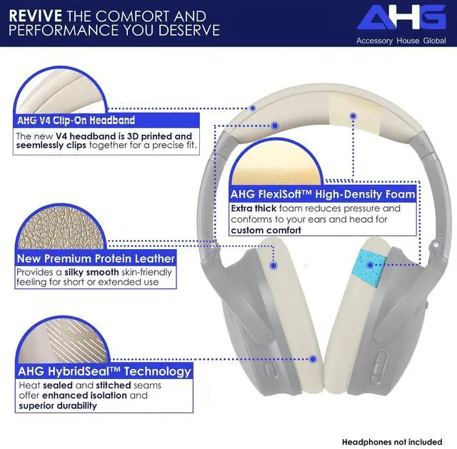 Alt view image 3 of 5 - AHG Accessory House Global Replacement QC Ear Pad and Headband Pad Kit Cushion. Compatible with Bose QuietComfort (2023) QC45 QCSE QC35 II Wireless Noise Cancelling Headphones (White Smoke)