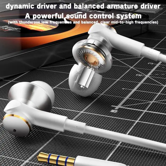 Alt view image 2 of 5 - Wired Active Call Noise Cancelling Earbuds (Dynamic & Balanced Armature)-Deep Rich Bass Hi-Fi Stereo In Ear Headphones,Balanced Super Bass Mids Highs Wired Earphone with Mic Noise Reduction(white)