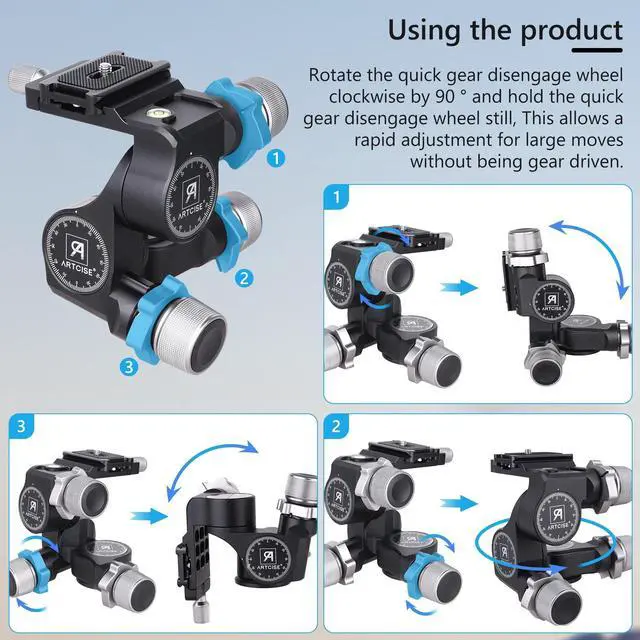 Alt view image 4 of 5 - 3-Way Geared Tripod Head ARTCISE Professional Geared Tripod Head with Arca Type QR Plate and 360 Panoramic Arca Type QR Plate,Millimeter Micro-Adjustment,Full CNC Aluminum Alloy,Max Load 13lbs